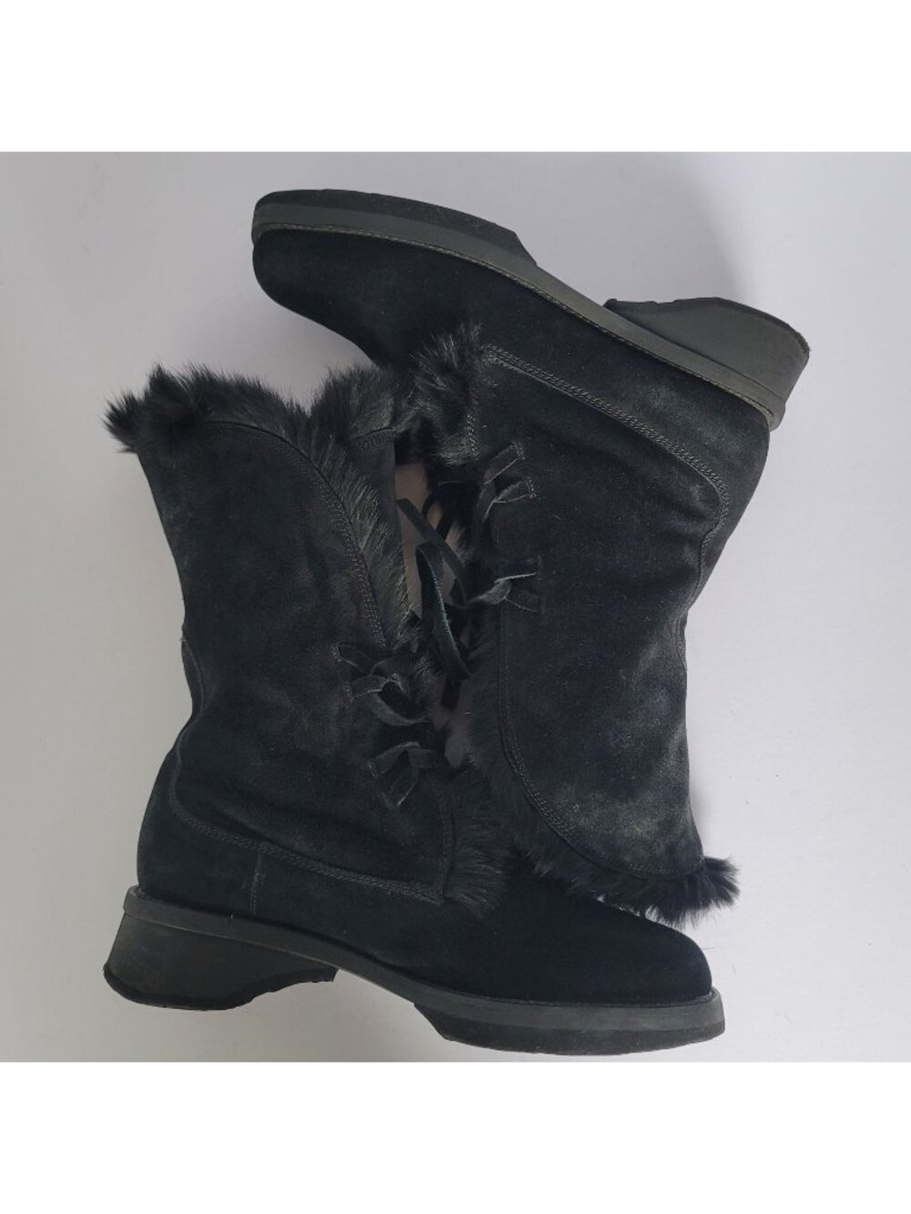 a.testoni Black Suede W/Luxurious Fur Lining Lace Up Mid Calf Winter Boots 7.5